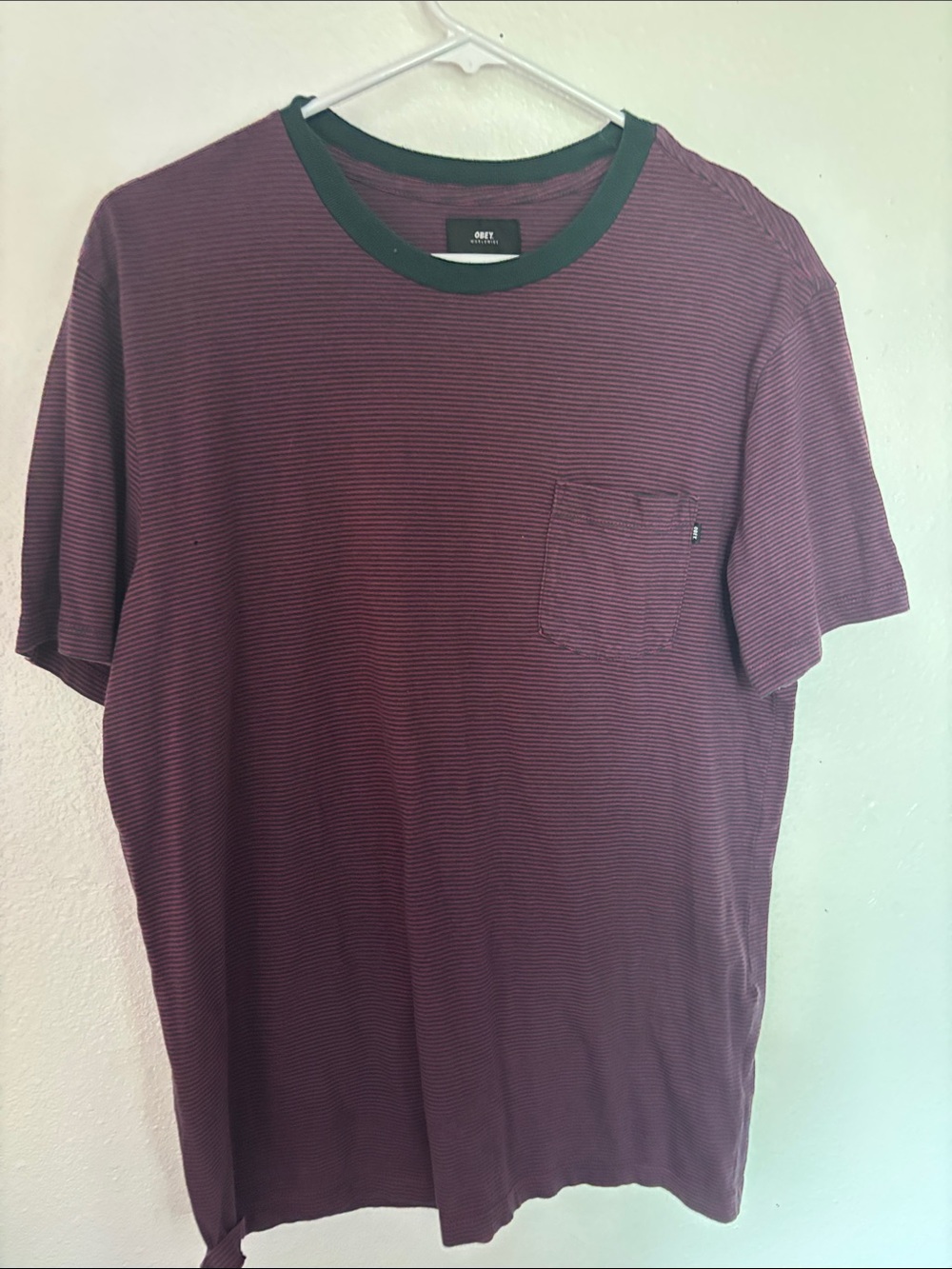 Obey Men’s Burgundy and Black Striped Pocket Tee